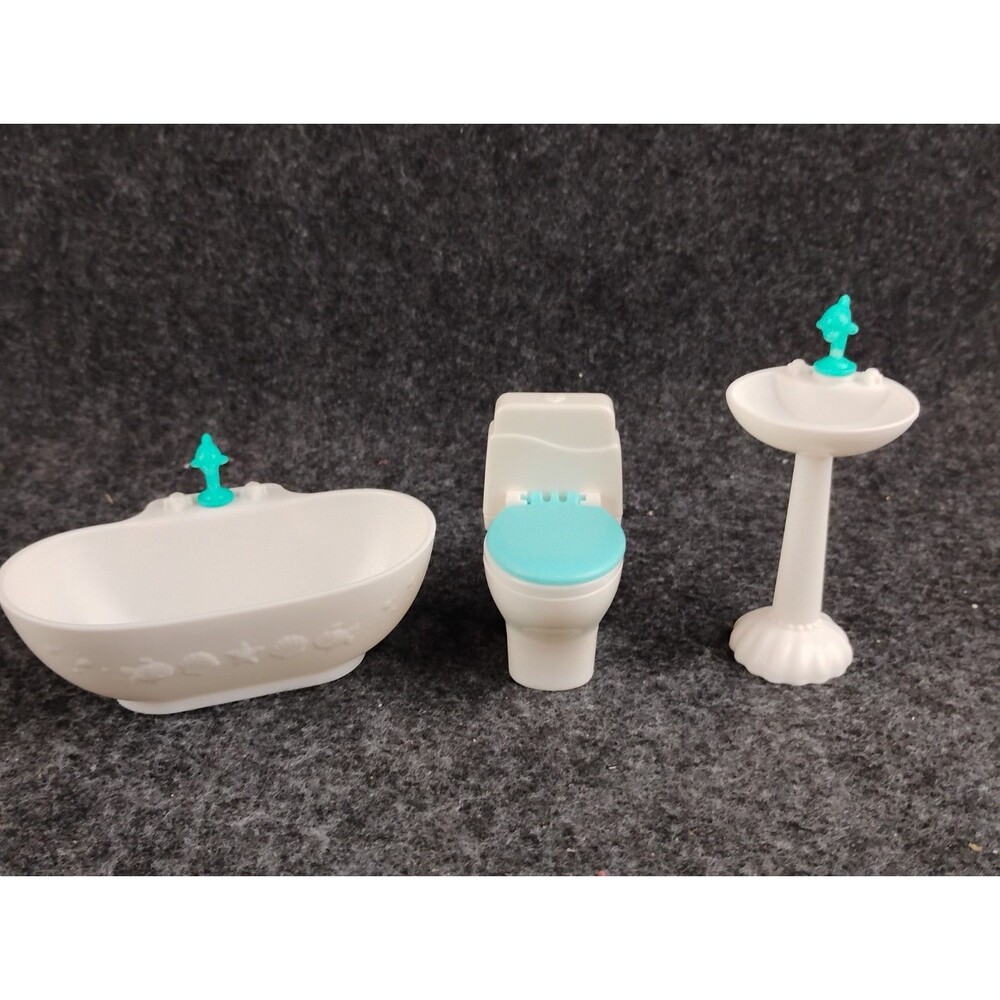 Vintage Dollhouse Bathroom Toilet Bathtub Tub Sink Plastic Miniature w/ Dolphins